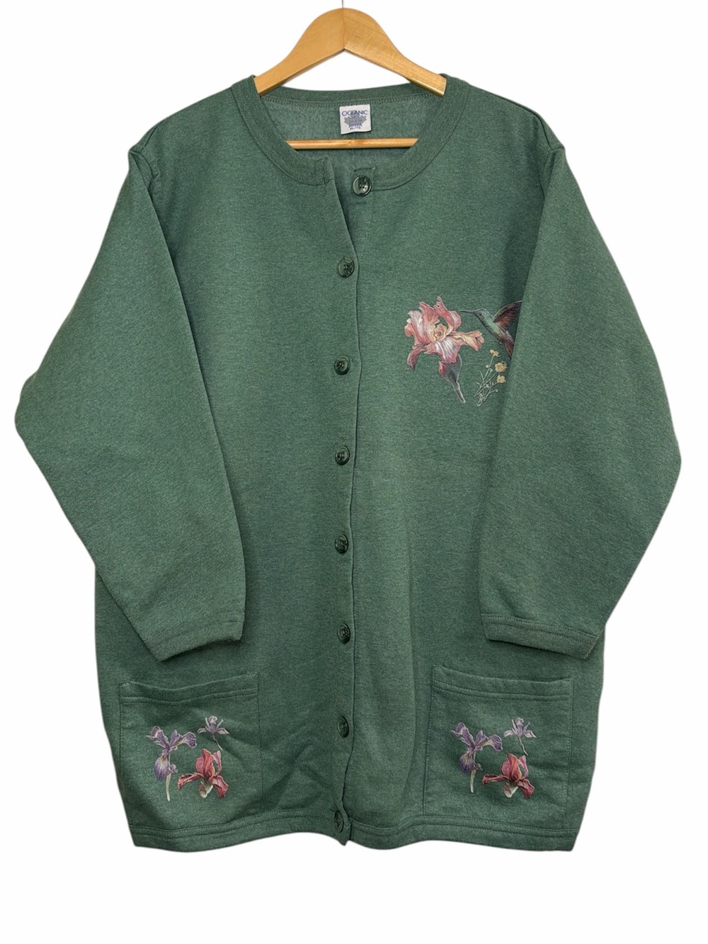 Oceanic Hummingbird Floral Embroidered Cardigan Sweatshirt XL